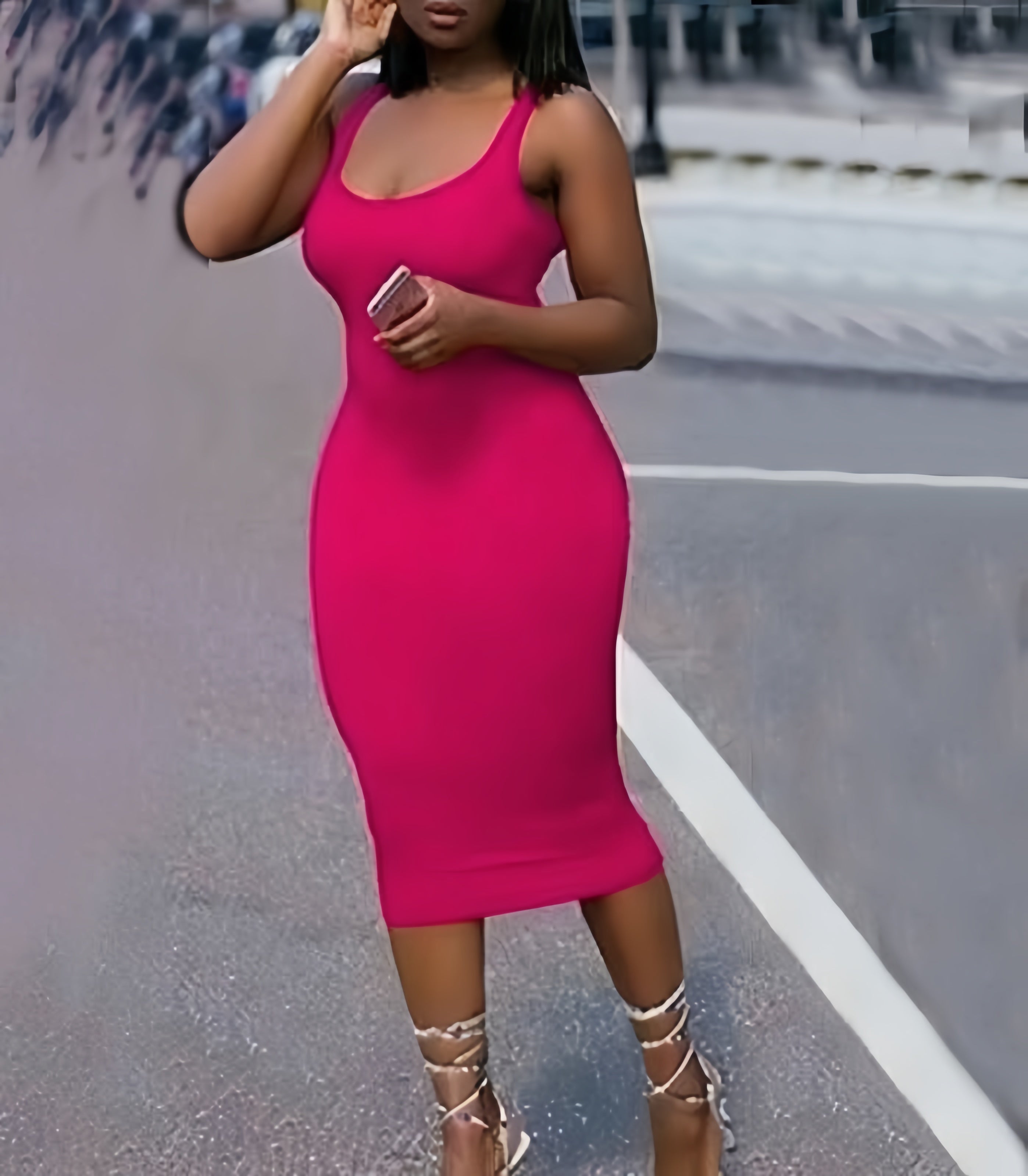 Deep-pink bodycon midi dress with scoop neckline and slim fit, sleeveless