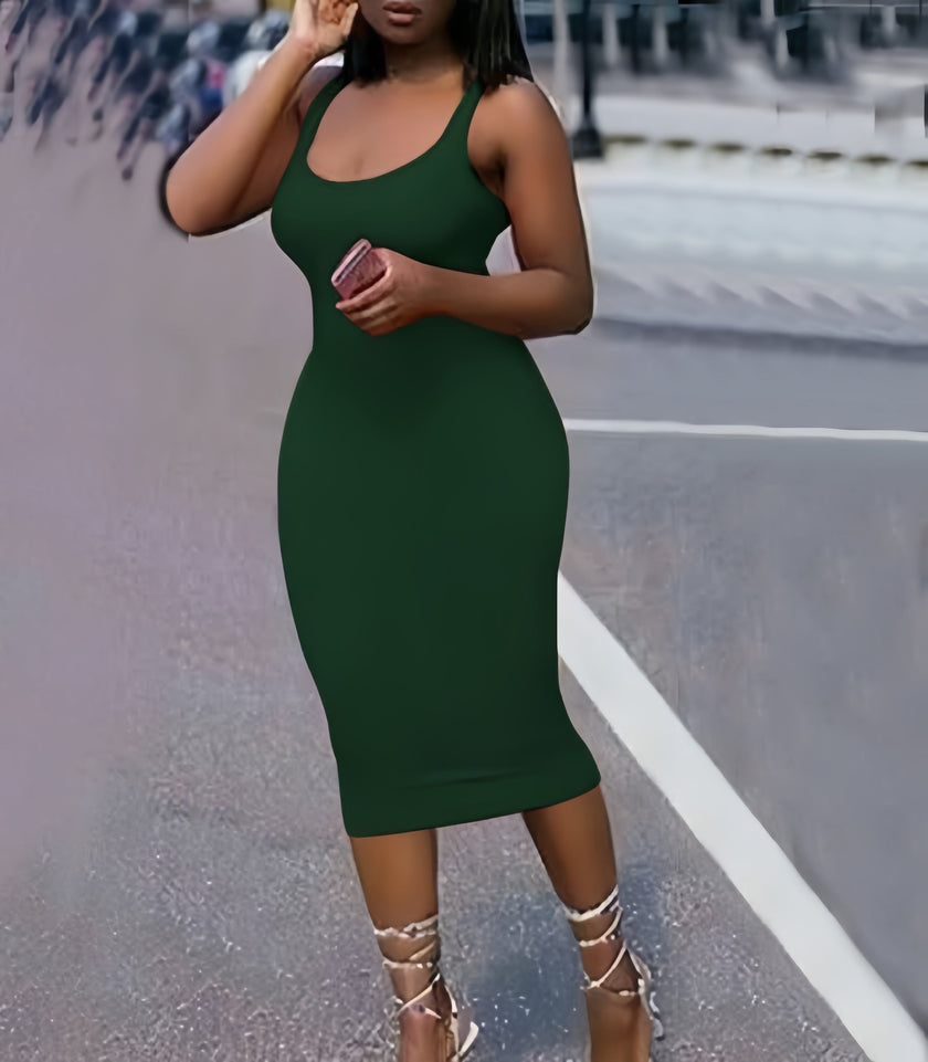 Dark-green bodycon midi dress with scoop neckline and slim fit, sleeveless