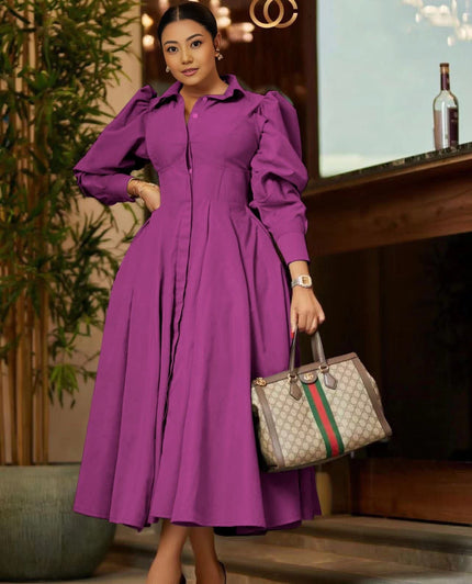 Purple midi A-line dress with puff sleeves, pleated skirt, front zipper