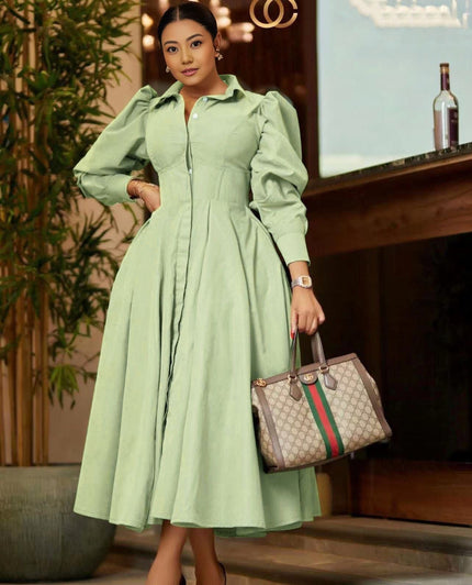 Light-green midi A-line dress with puff sleeves, pleated skirt, front zipper