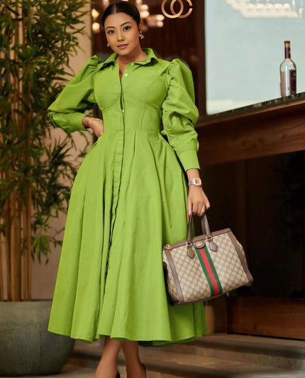 Light-green midi A-line dress with puff sleeves and collar, pleated skirt, front zipper