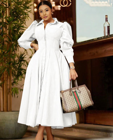 White midi A-line dress with puff sleeves, pleated skirt, front zipper