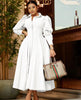 Mid-Length Button-Up Collared Dress with Fitted Bodice and Full Skirt