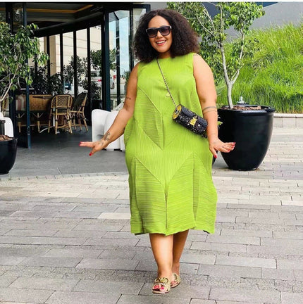 Sleeveless textured midi dress, lime green with geometric seam pattern
