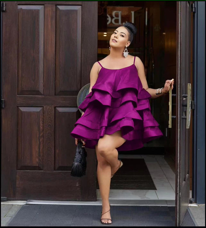 Purple ruffle tiered mini dress with adjustable spaghetti straps
