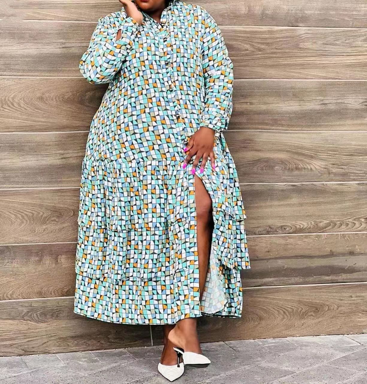Plus size high-neck ruffle maxi dress with long sleeves, geometric print, side slit
