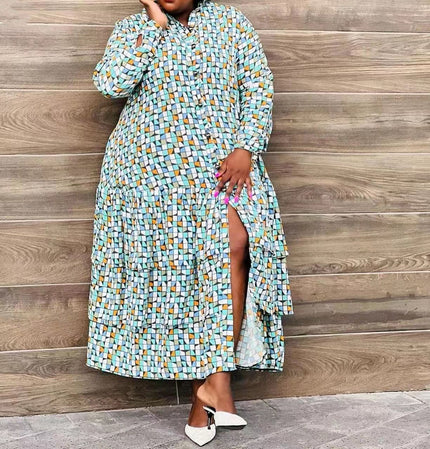 Plus size high-neck ruffle maxi dress with long sleeves, geometric print, side slit