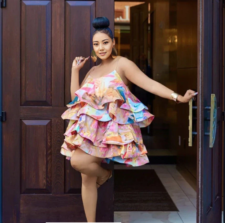 Multicolor abstract ruffle mini dress with spaghetti straps and tiered layered skirt