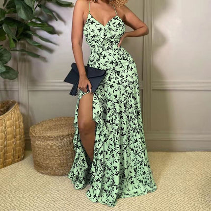 Floral maxi dress with spaghetti straps and front slit, mint-green with fitted bodice