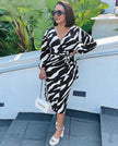 Wrap midi dress with black-and-white abstract zebra print, V-neck, long sleeves
