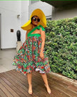 Multicolor geometric A-line dress, sleeveless, flared skirt with African print pattern