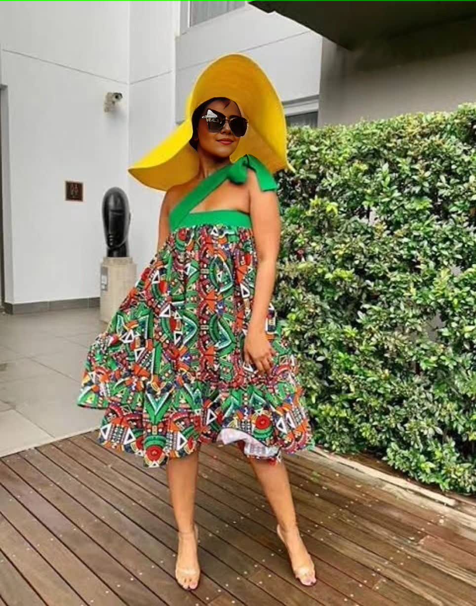 Multicolor geometric A-line dress, sleeveless, flared skirt with African print pattern