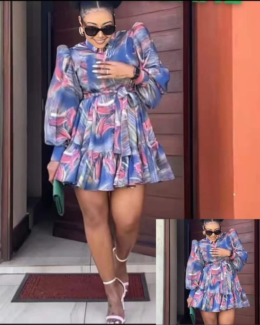 Abstract print mini dress with puff sleeves and gathered waist, long sleeves