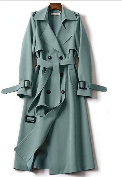 Light-green double-breasted belted trench coat with flap pockets and long sleeves