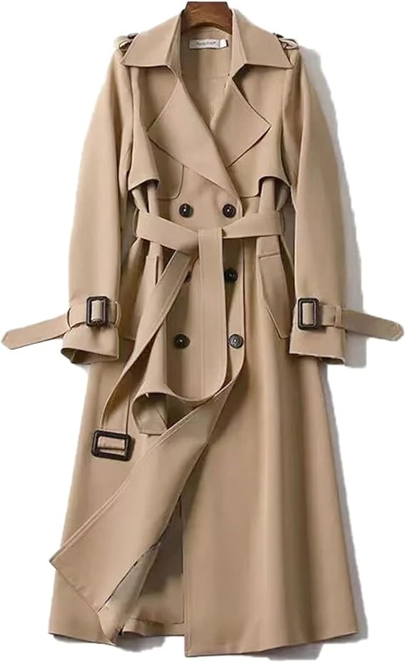 Beige double-breasted belted trench coat with flap pockets and long sleeves