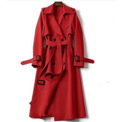 Red double-breasted belted trench coat with flap pockets and long sleeves