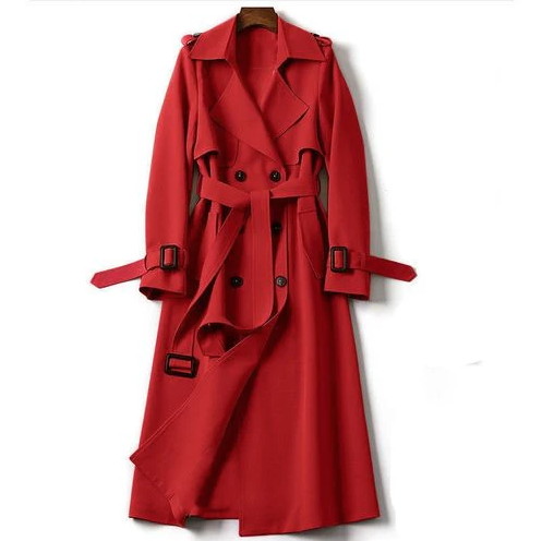 Red double-breasted belted trench coat with flap pockets and long sleeves