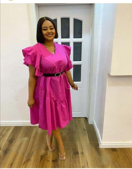 Fuchsia ruffle-sleeve midi dress with layered hem and belted waist