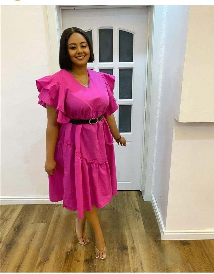 Fuchsia ruffle-sleeve midi dress with layered hem and belted waist