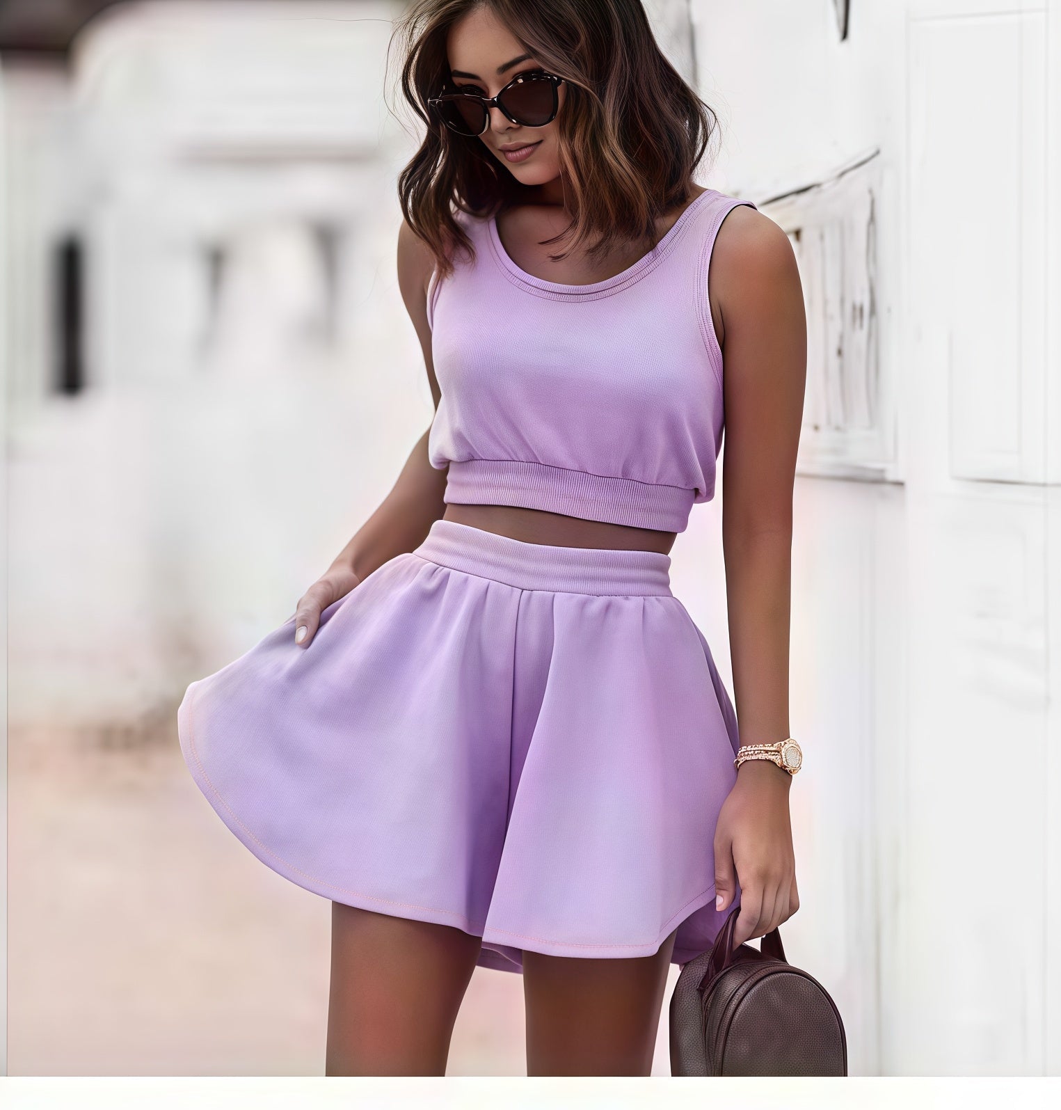 Lavender sleeveless cropped top and pleated mini skirt set with elastic waist
