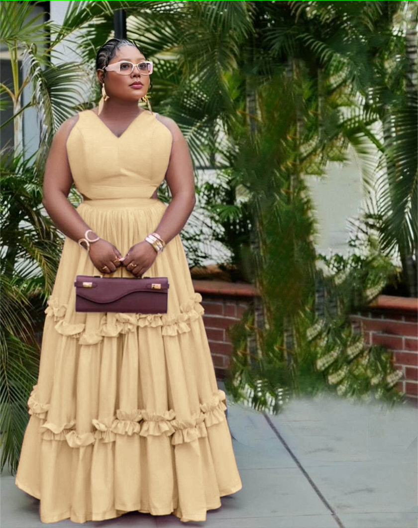 Ruffle maxi dress, sleeveless V-neck, tiered skirt, yellow