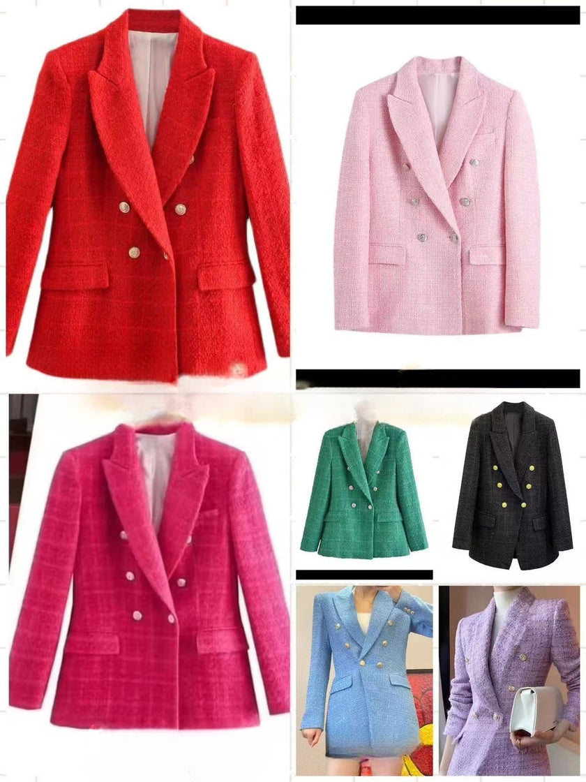 Double-breasted blazer set in red, light purple, pink, green, and black