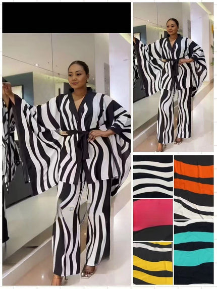 Wavy stripe kimono and pant twin set in black and white, wide sleeves and belt; swatch colors