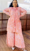 Peach pleated twin set with loose fit, long sleeves, layered tunic and wide-leg pants