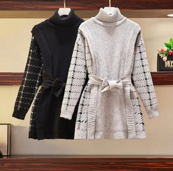 High-neck belted knit mini dress in black and grey, long patterned cuffs