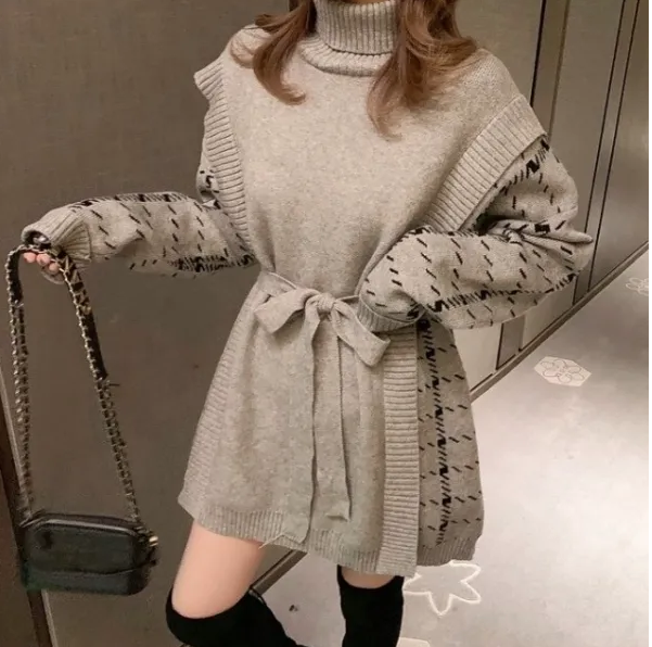 Light grey high-neck belted knit mini dress with patterned sleeves and tie belt