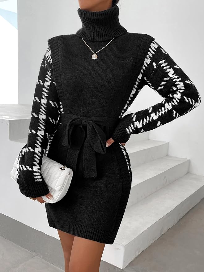 Black knit mini dress, high neck, patterned long sleeves, tie-belt waist
