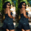 Black strapless glitter mini dress with sweetheart neckline