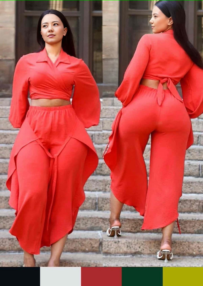 Orange-red puff-sleeve cropped shirt and tie-waist pants set