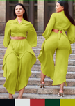 Green-yellow puff-sleeve cropped shirt and tie-waist pants set