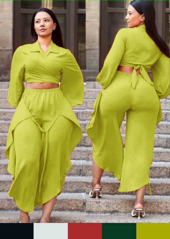 Green-yellow puff-sleeve cropped shirt and tie-waist pants set