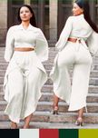 White puff-sleeve cropped shirt and tie-waist pants set