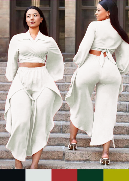 White puff-sleeve cropped shirt and tie-waist pants set