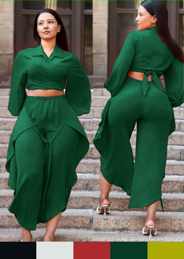 Dark-green puff-sleeve cropped shirt and tie-waist pants set