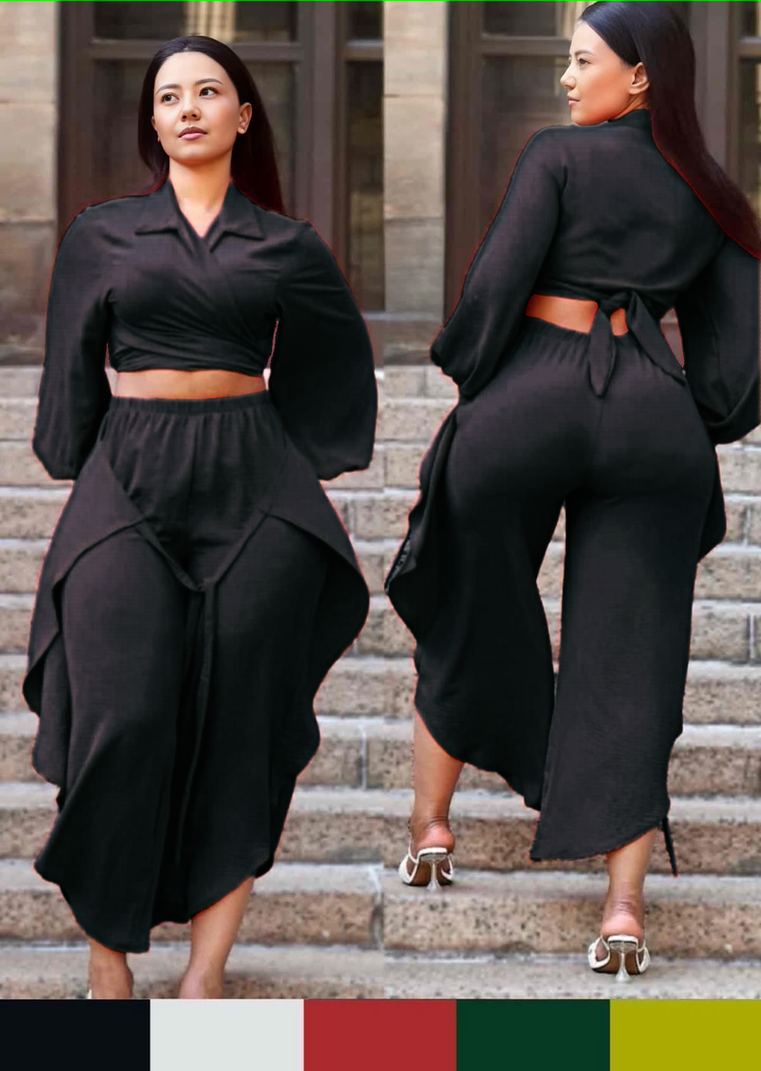 Black puff-sleeve cropped shirt and tie-waist pants set