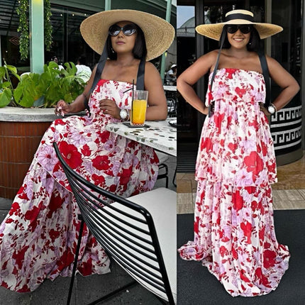 Strapless floral maxi dress with red and white tiered skirt