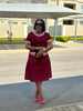 Maroon plus size midi dress with short sleeves and patterned pocket accents