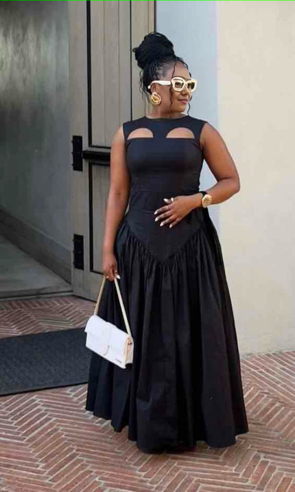 Pleated maxi dress with cutout bodice, sleeveless, dark color, gathered tiered skirt