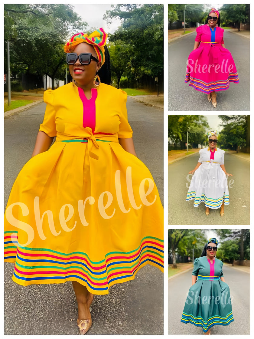 Yellow bow-waist midi dress with multicolor striped hem and short puff sleeves