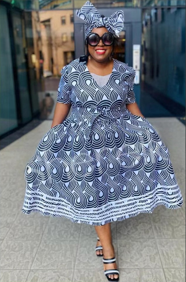 Traditional Flared Midi Dress with Swirling Pattern Design