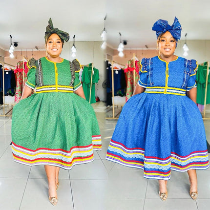 Puff sleeve flared dress with striped hem, green and blue with yellow trim