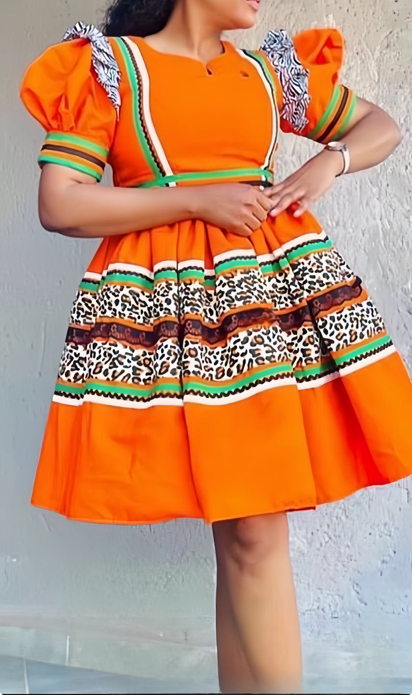 Geometric Trim Puff-Sleeve Dress