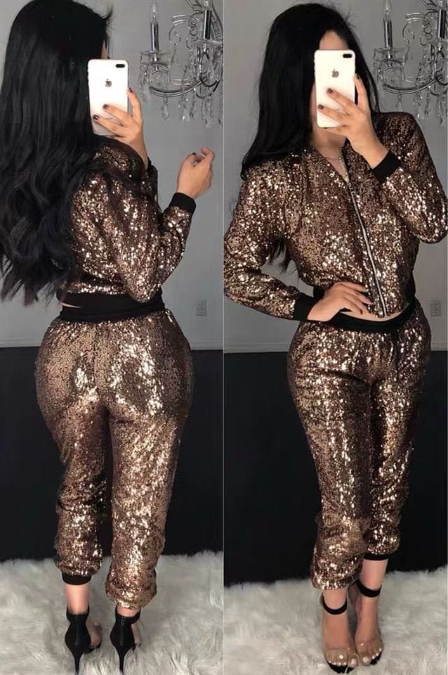 Bronze sequin top and elastic-waist pants set, zip front with long sleeves