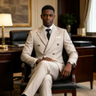 Men's double-breasted textured beige suit with tie, dress shirt, and pocket square