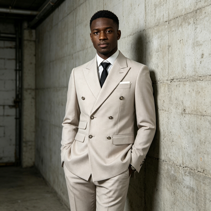 Men's textured beige double-breasted suit with notched lapels and matching trousers