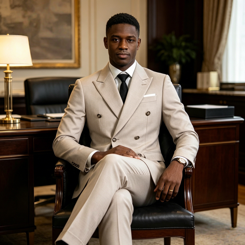 Men's double-breasted textured beige suit with tie, dress shirt, and pocket square
